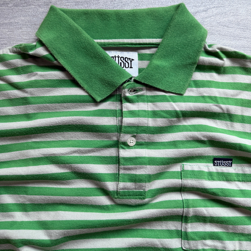 Vintage 00's Stussy Green White Striped Polo Shirt T'shirt