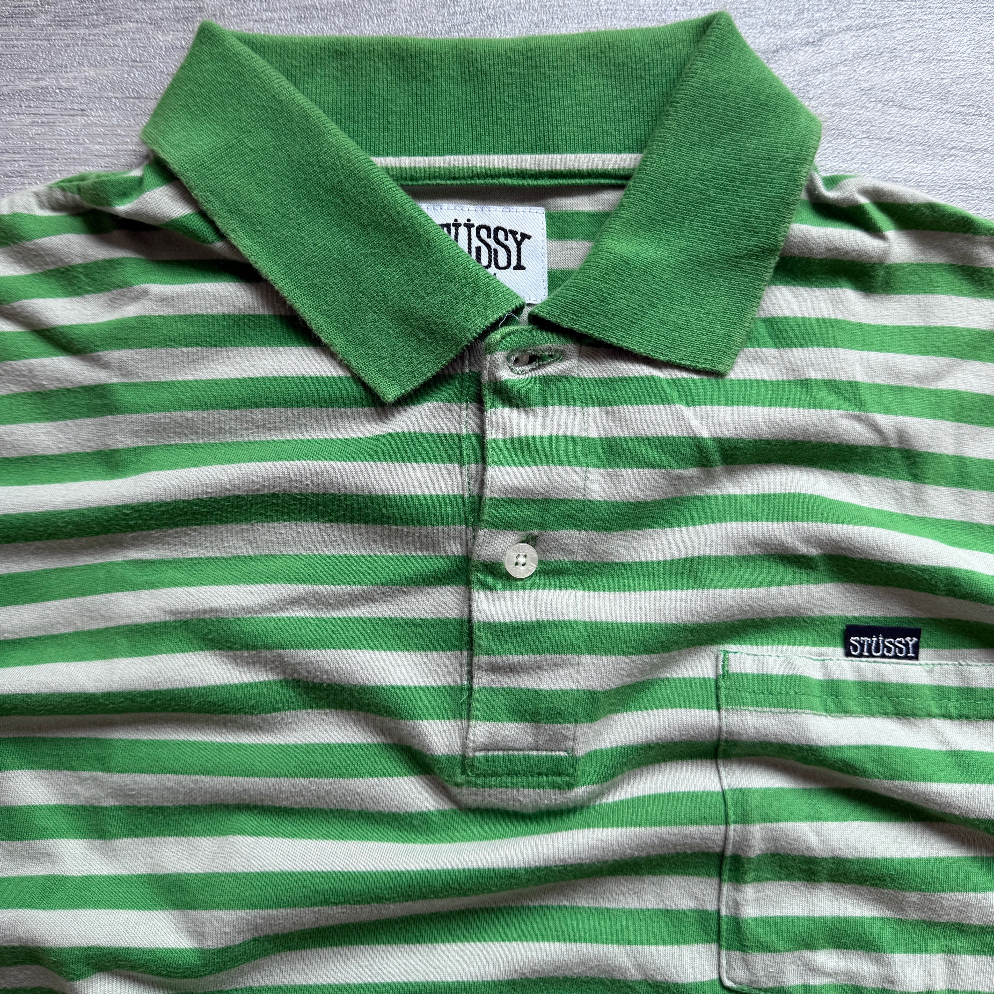 Vintage 00's Stussy Green White Striped Polo Shirt T'shirt