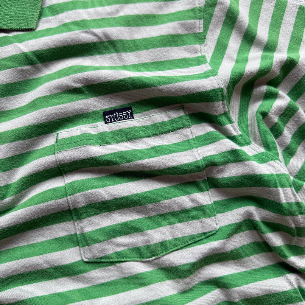 Vintage 00's Stussy Green White Striped Polo Shirt T'shirt