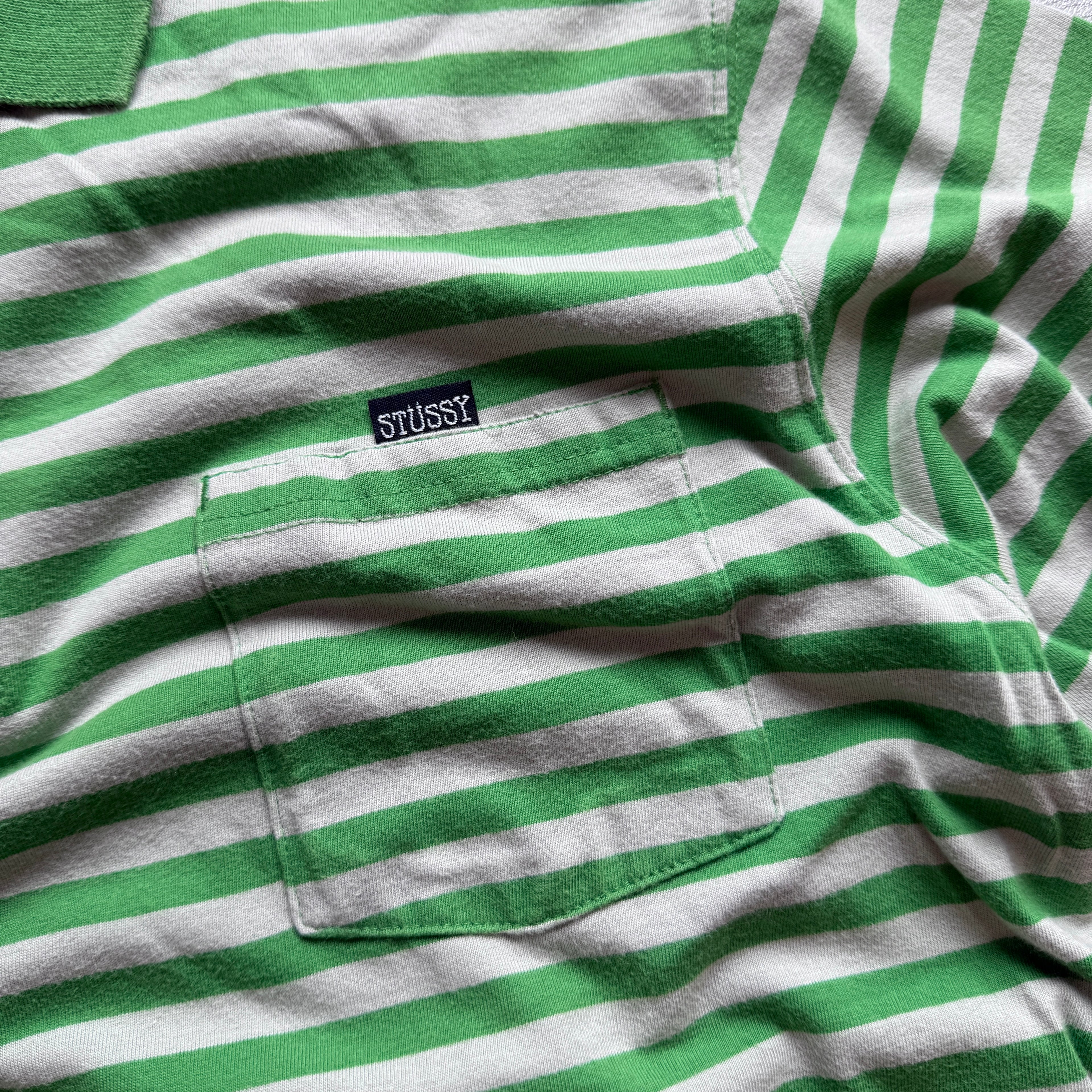 Vintage 00's Stussy Green White Striped Polo Shirt T'shirt