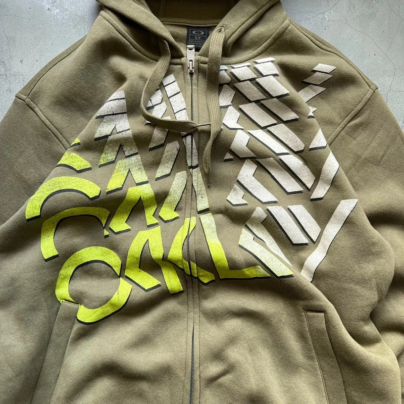 Vintage 00’s Oakley Khaki Green Print Zip up Hoodie S