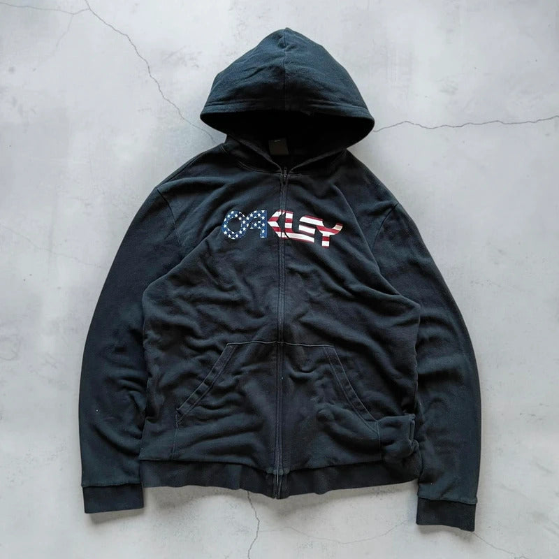 Vinatge 00's Black Oakley USA Flag Print Zip up Hoodie Jacket XL
