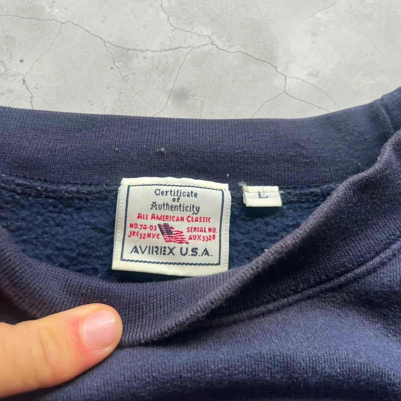 Vintage 00's Avirex Faded Navy Blue Print Sweatshirt Jumper S