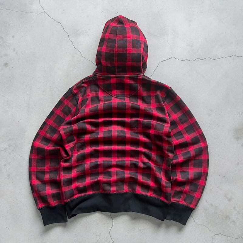 Red Black Uniqlo Plaid Checked Zip up Hoodie Jacket XS