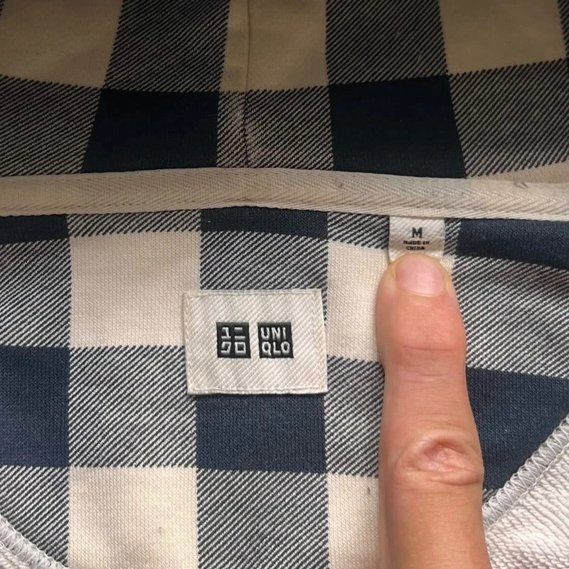 Navy Blue White Uniqlo Plaid Checked Zip up Hoodie Jacket