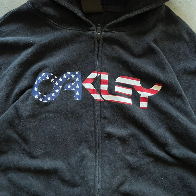Vinatge 00's Black Oakley USA Flag Print Zip up Hoodie Jacket XL