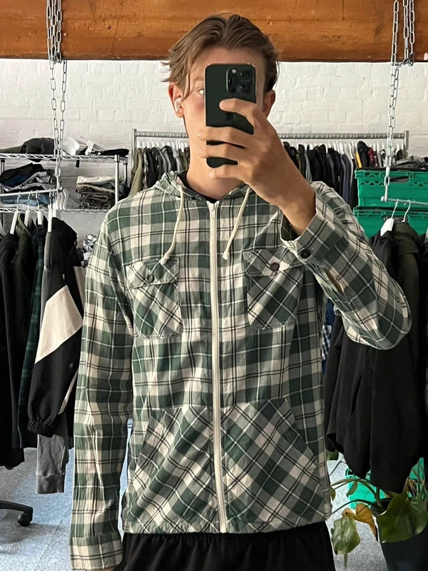 Green/White Corisco Plaid Hooded Shirt Jacket L