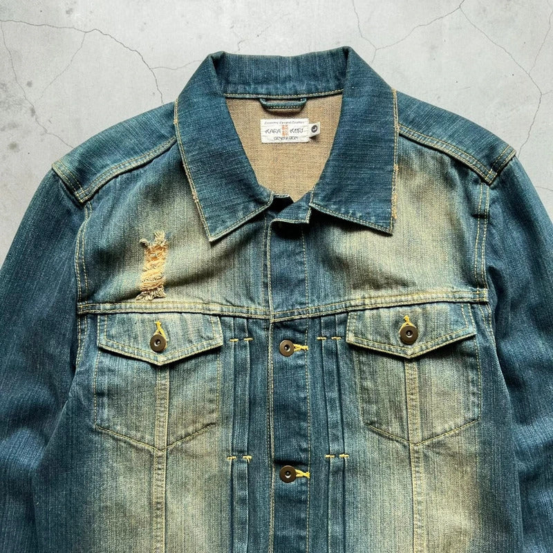 KaraKuri Japan Faded Blue Denim Jacket S