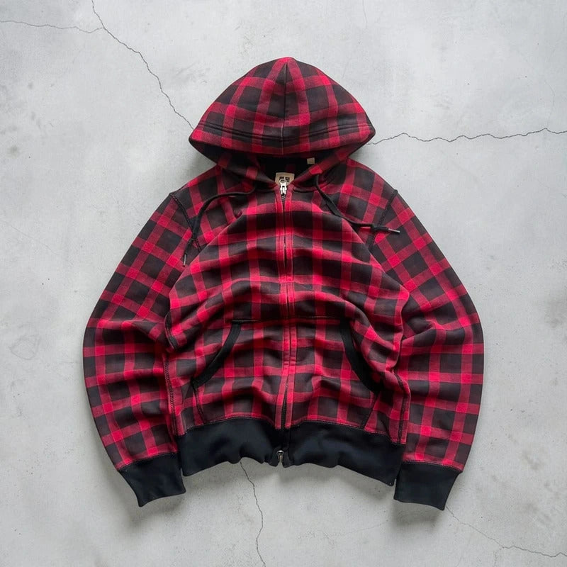 Red Black Uniqlo Plaid Checked Zip up Hoodie Jacket XS