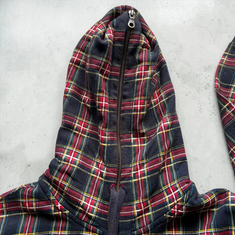 Red Black Beams Japan Plaid Tartan Checked Zip up Hoodie Jacket S