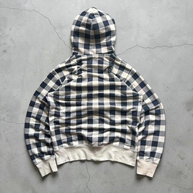 Navy Blue White Uniqlo Plaid Checked Zip up Hoodie Jacket