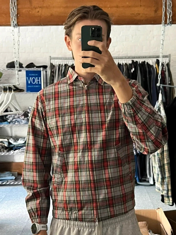 Red Grey Beams Japan Plaid Checked Zip up Collared Harrington Jacket S