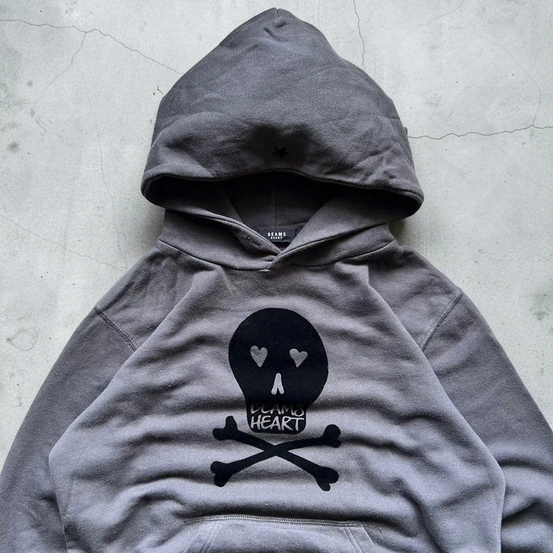 Grey Black Beams Heart Japan Skull Print Hoodie S