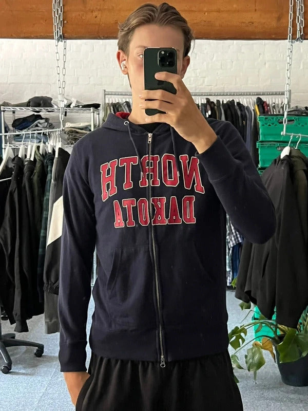Beams Japan Navy Blue North Dakota Print Zip Up Hoodie M