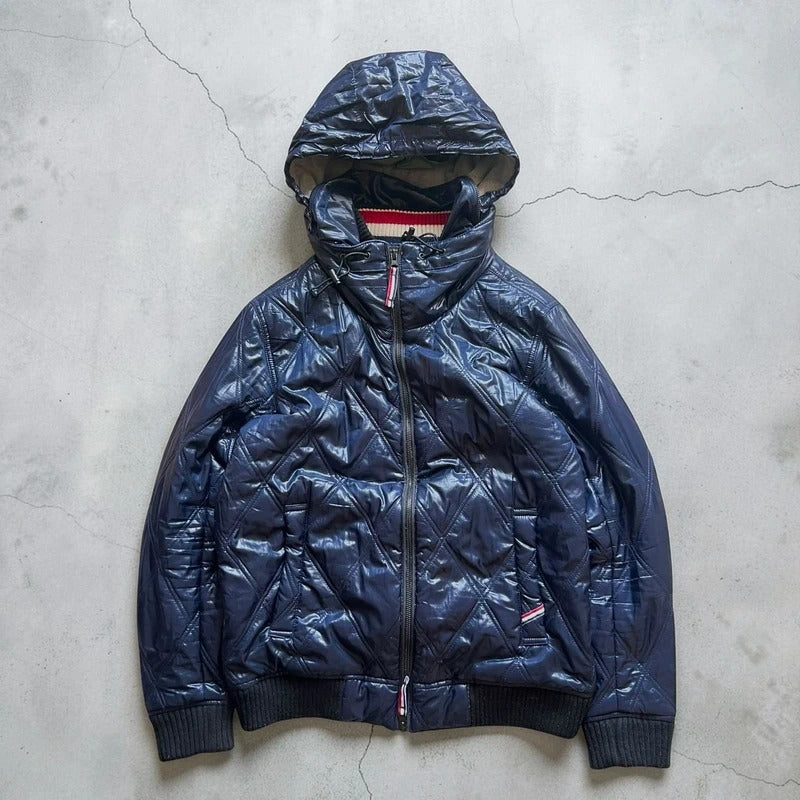 Beams Japan Navy Blue Shiny Hooded Puffer Jacket Coat XS