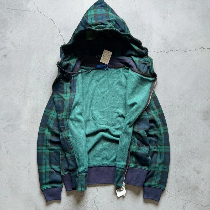 Beams Asymmetrical Tartan Plaid Zip Hoodie S