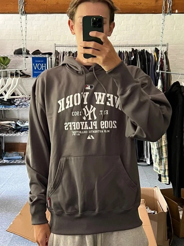 Vintage 00's Dark Grey MLB New York Yankees Hoodie L