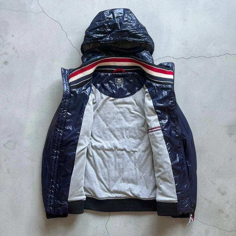 Beams Japan Navy Blue Shiny Hooded Puffer Jacket Coat XS