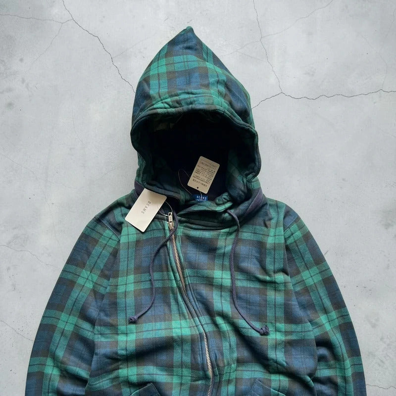 Beams Asymmetrical Tartan Plaid Zip Hoodie S