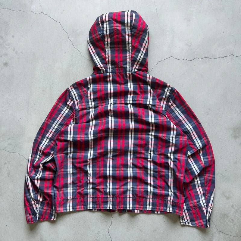 Uniqlo Red Navy White Plaid Checked Zip up Hoodie Jacket
