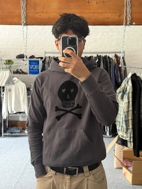 Grey Black Beams Heart Japan Skull Print Hoodie S