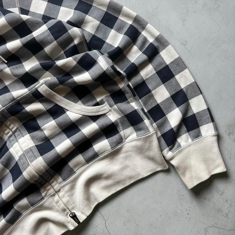 Navy Blue White Uniqlo Plaid Checked Zip up Hoodie Jacket