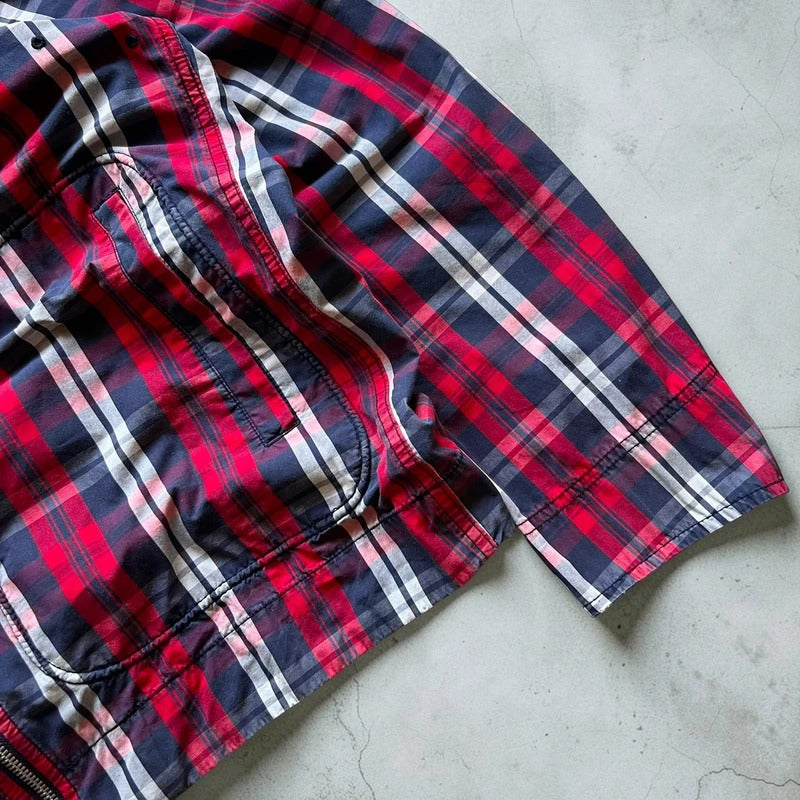 Uniqlo Red Navy White Plaid Checked Zip up Hoodie Jacket