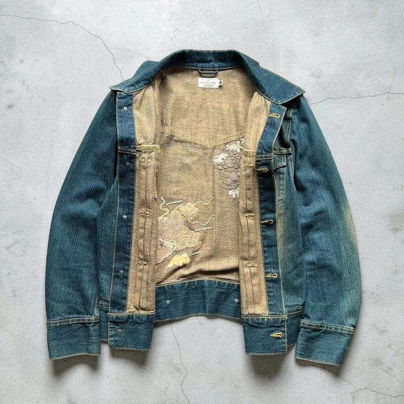 KaraKuri Japan Faded Blue Denim Jacket S