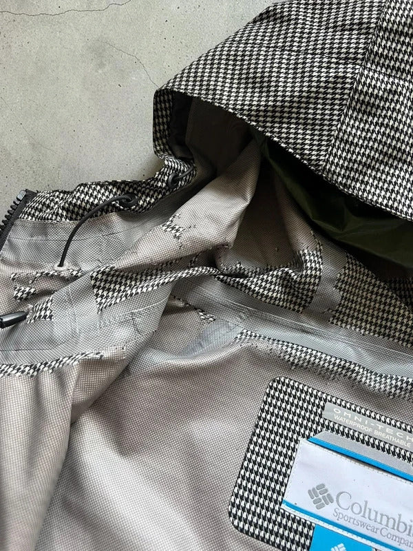 Black White Columbia Houndstooth Plaid Checked Waterproof Jacket L