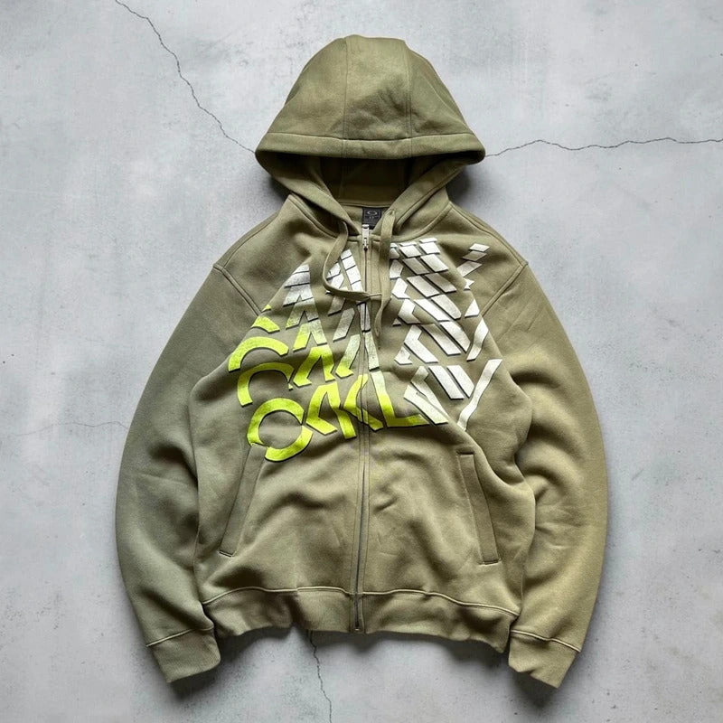 Vintage 00’s Oakley Khaki Green Print Zip up Hoodie S