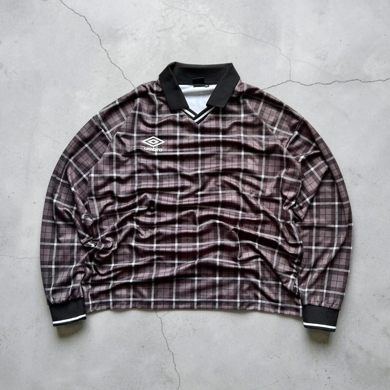 Grey Brown Umbro Plaid Checked Long Sleeve T'shirt L