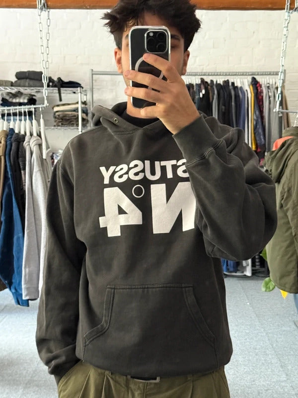 Stussy No4 Logo Black Faded Hoodie M
